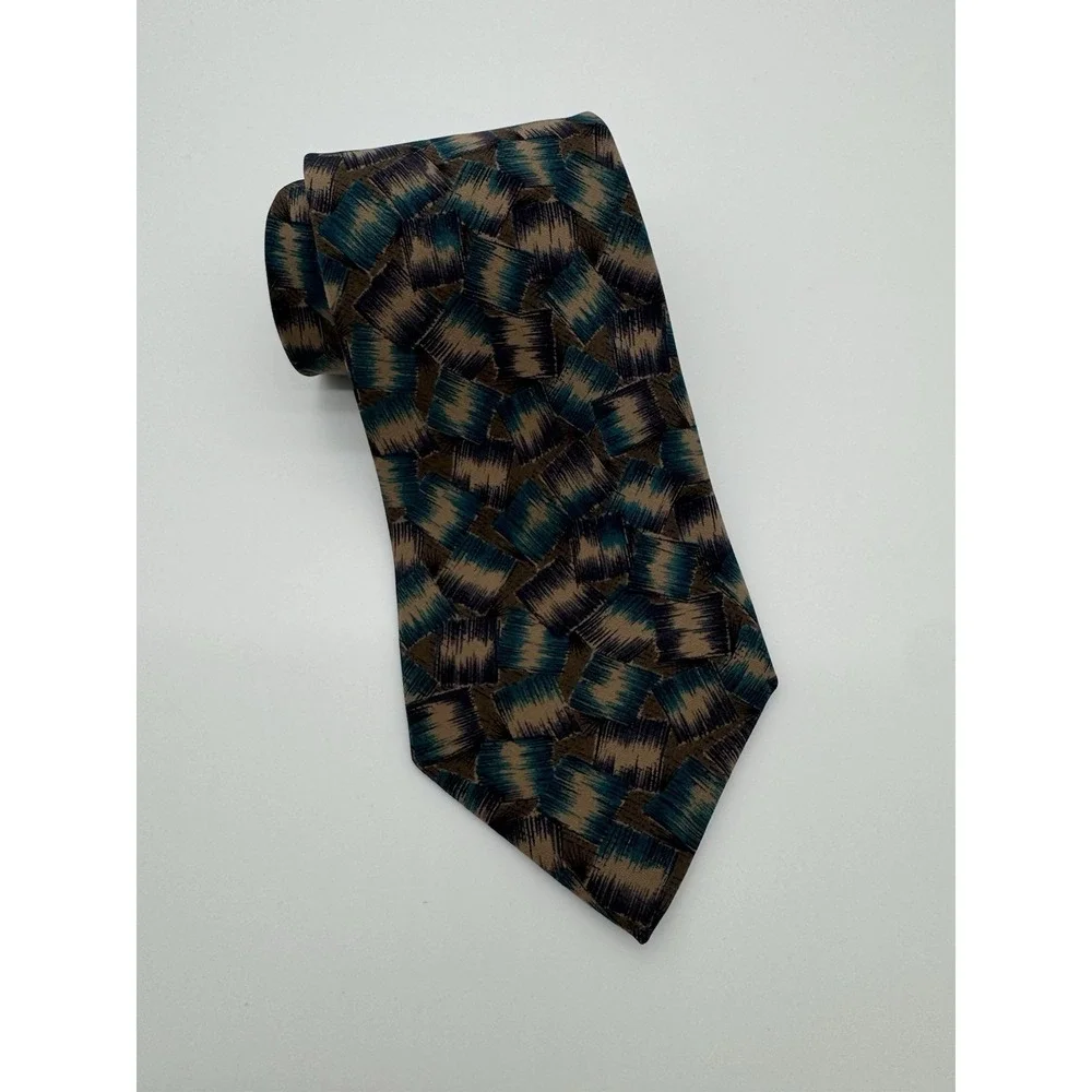 Secours 100% Silk Tie Abstract Geometric Brown Teal Tan Pattern‎ Classic Necktie